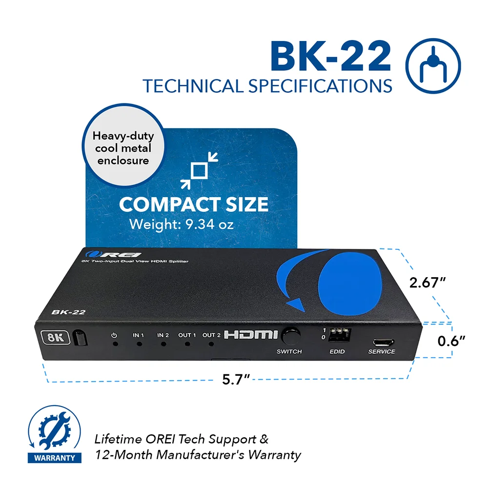 1x2 HDMI Splitter W/ Audio Out: 1-in 2-out, UltraHD 8K, EDID (BK-102A)
