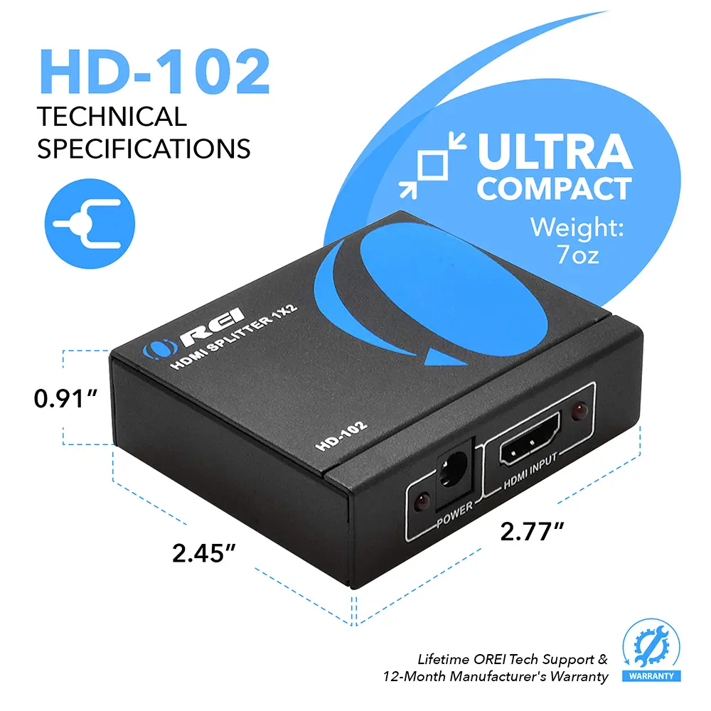 1x2 HDMI Splitter W/ Audio Out: 1-In 2-Out, UltraHD 8K, EDID (BK-102)